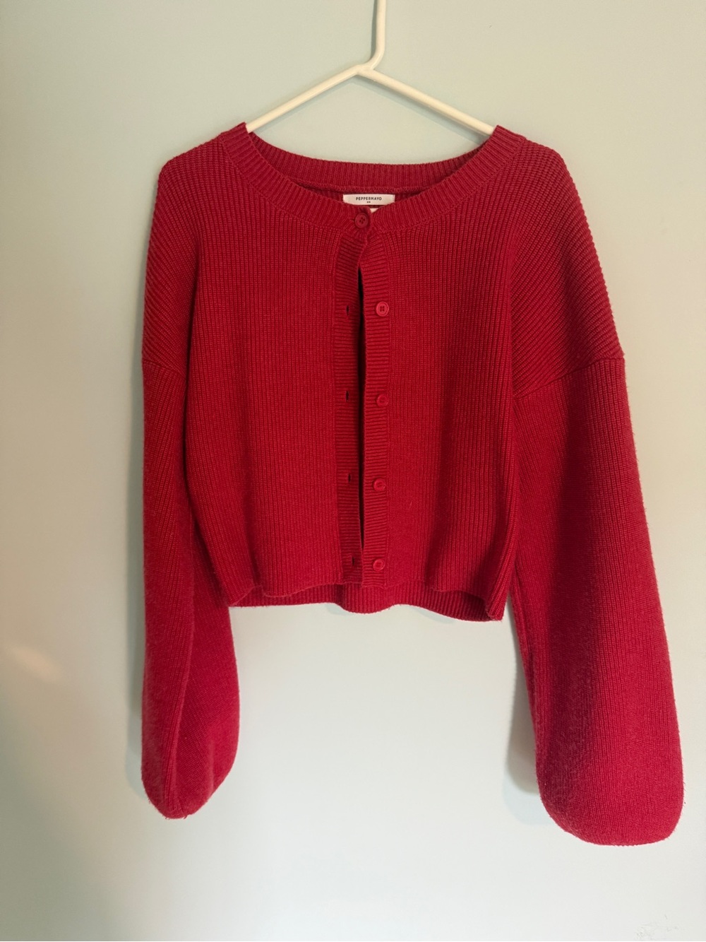 Red Cropped Button-Front Balloon Sleeve Women’s Sweater Cardigan